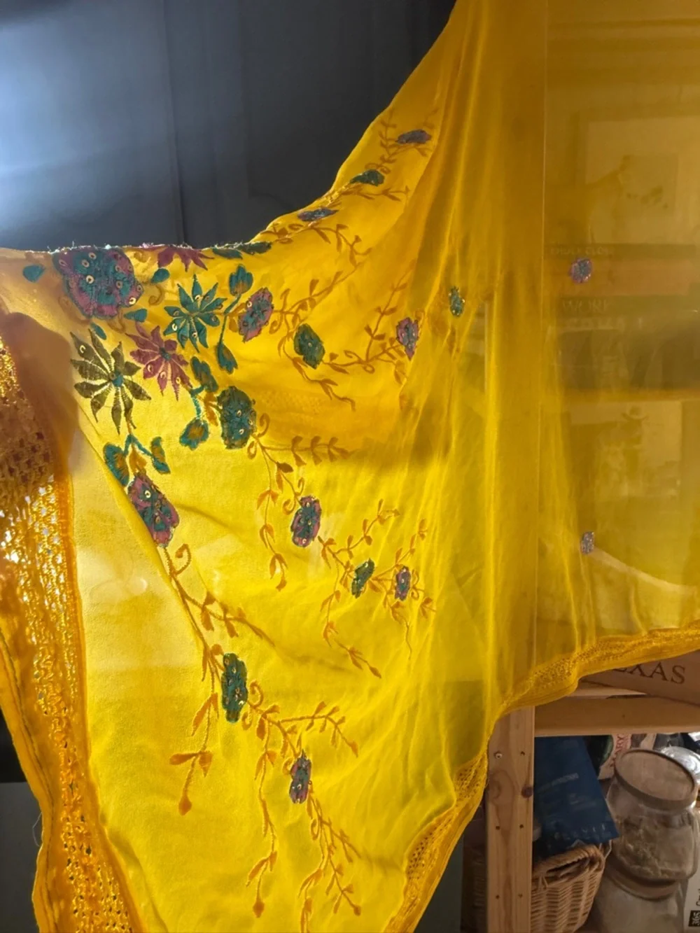 Unbranded Yellow Table cloth 40x84”  vintage India Embroidered floral Wrap